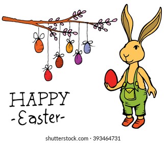 Easter bunny with easter egg. Happy Easter card, poster and banner background. Hand drawn vector illustration in cartoon style