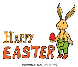 Easter bunny with easter egg. Happy Easter card, poster and banner background. Hand drawn vector illustration in cartoon style