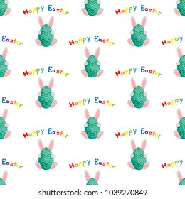 Easter bunny with egg. Happy Easter. Vector illustration on white background. Seamless pattern. Flat design style. Swatch inside