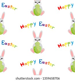 Easter bunny with egg. Happy Easter. Vector illustration on white background. Seamless pattern. Flat design style. Swatch inside