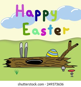 Easter bunny and egg are hiding. Perfect Easter postcard. EPS10. Vector illustration.