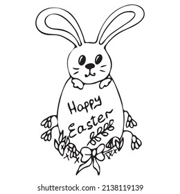 Easter bunny in an egg with a holiday inscription.  Vector hand drawn outline symbol  isolated on white. 
