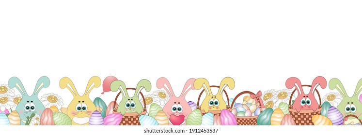 Easter bunny egg hunt. Easter banner. Holiday background. Easter bunny, rabbit, egg, flower,color eggs isolated. Color eggs border, frame. Funny bunny with eggs and spring flowers daisy. Easter symbol