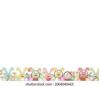 Caza de huevos de conejo de Pascua. Cartel de Pascua. Fondo de vacaciones. Conejo de Pascua, conejo, huevo, flor, huevos de color aislados. Borde de huevos de color, marco. Divertido conejito con huevos y flores de primavera. Símbolo de Pascua