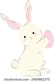 Easter bunny, egg hunt. A cute bunny is holding a colorful Easter egg in his paws. Design elements for banners, posts, postcards, flyers
