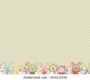 Easter bunny egg hunt. Easter Holiday banner background. Easter bunny, rabbit and flowers with color eggs isolated. Color eggs border, frame. Funny bunny with eggs and spring flowers daisy. Easter symbol