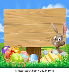 Easter Bunny Egg Hunt Sign with a cartoon Easter bunny and a basket of decorated chocolate Easter eggs 