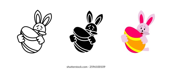 Easter bunny with egg icon. Cute rabbit holding a decorated Easter egg vector illustration. Festive holiday celebration symbol. Traditional spring decoration and joyful surprise concept.