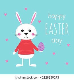 easter bunny and egg illustration in flat style isolated on blue background, cartoon character for print, greeting card, poster