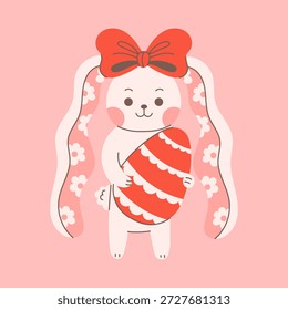 Conejo de Pascua con ilustración de huevo. Conejo rosa dibujado a mano abrazando el símbolo decorado con encaje y arco. Obra de arte de dibujos animados pastel, decoración de vacaciones de primavera dulce infantil, estilo de Vector plano
