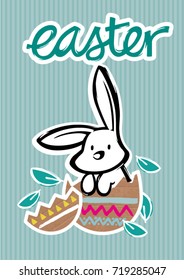 Easter bunny, egg and leaves / Vector Illustration