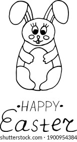 easter bunny with egg and lettering happy template card, poster. sketch hand drawn doodle style. vector minimalism. cute, childish