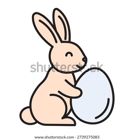 Easter bunny with egg line icon with color fill. Editable stroke outline, clean vector illustration, minimal linear style, cute rabbit character, spring holiday symbol.