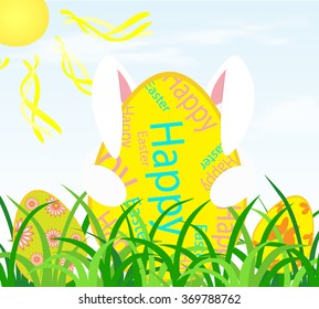 Easter Bunny with Easter egg on grass. Vector illustration.