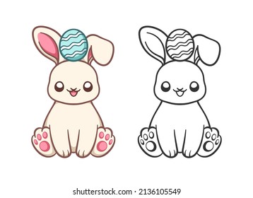 Easter Bunny With Egg On Its Head Cartoon And Outline Illustration Set