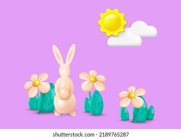 Easter Bunny with an egg on the lawn. 3d flowers and rabbit. Happy Easter illustration 