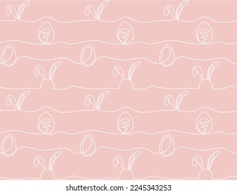 Easter bunny and egg on line vector seamless pattern, traditional holiday rabbit and egg line art. Christian holiday animal symbol. Easter rabbit bunny simple pink white illustration.