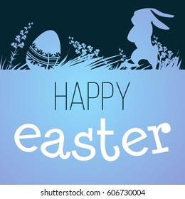 Easter bunny with egg is on a silhouette background. Festive vector cartoon illustration.