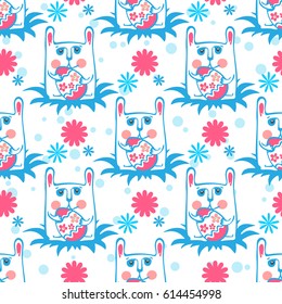 Easter bunny and egg on white background. Seamless pattern for wrapping paper or textile print.