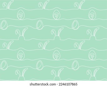 Easter bunny and egg one line vector seamless pattern, traditional holiday rabbit and egg line art. Christian holiday animal symbol. Easter rabbit bunny simple mint white illustration.