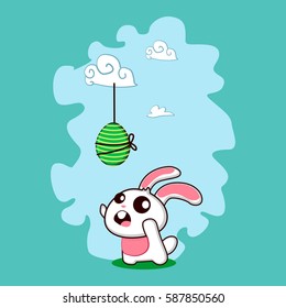 Easter bunny with egg and pattern on it. Vector cartoon illustration isolated on background. Cute rabbit character for the holiday.