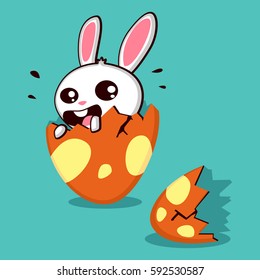 Easter bunny with egg and pattern on it. Vector cartoon illustration isolated on background. Cute rabbit character for the holiday.