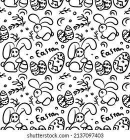 Easter bunny and egg seamless pattern doodle outline vector. Texture for holiday card, background, print, greeting card, packaging, merchandise, showcase, book, poster, fabric.