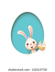 Easter bunny in a egg shaped blue hole with a basket filled with decorated eggs - isolated on white