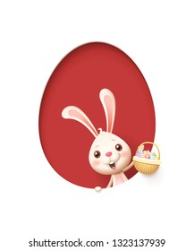 Easter bunny in a egg shaped red hole with a basket filled with decorated eggs - isolated on white