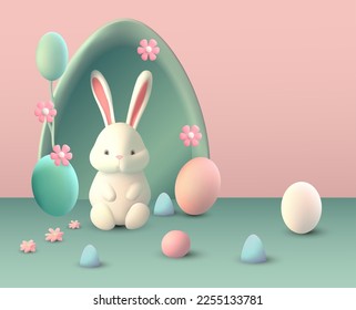 Easter bunny with egg, spring season colorful vector traditional 3d background. Cute rabbit nature realistic cartoon illustration. 