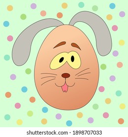 Easter bunny egg sticks out tongue and lowered ears. Happy Easter holiday. Vector cartoon illustration.