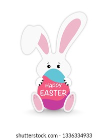 Easter bunny and egg. Text Happy Easter
