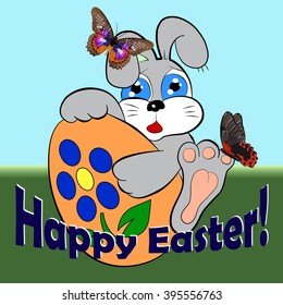 Easter bunny with easter egg and with two butterflies. Lettering - Happy Easter Day. Cartoon bunny. Green grass and blue sky.