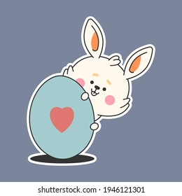 Easter bunny with egg vector cartoon sticker isolated on background.
