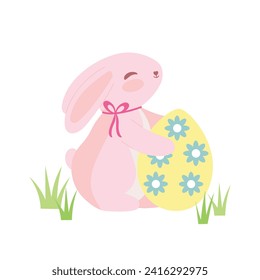 Easter bunny with egg vector decor element isolated on white background.