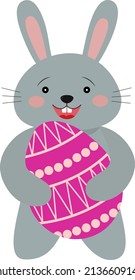 Easter bunny and Easter egg. Vector illustration in cartoon style on an isolated background.For invitations and postcards. a cute rabbit is holding an Easter egg.