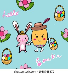 conejito de Pascua con huevo de Pascua.huevo sonriente feliz sosteniendo la mano con conejo y cestas de huevos coloridos dibujados a mano cartografía sin costura vector 
