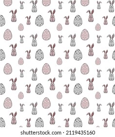 Easter bunny eggs art. Cartoon illustration, a card with a happy rabbit in egg with spring flowers. Colorful easter card with a bunny. Easter pattern.