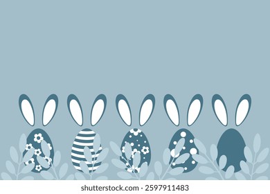 Easter Bunny Eggs Background, place for a text, Easter backdrop. 
