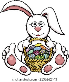 Conejo de Pascua con huevos en una canasta.
