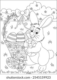 Easter bunny with eggs basket coloring book art vector