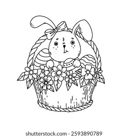 Easter bunny with eggs, basket and spring flowers. Easter coloring book page. Congratulation banner postcard 