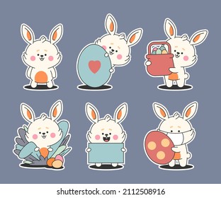 Easter bunny with eggs and basket vector cartoon stickers set isolated on background.