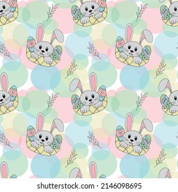 Easter bunny and eggs in a basket. Vector hand drawn seamless pattern.