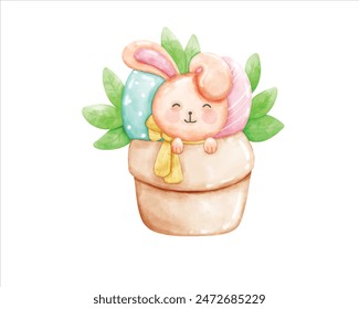 easter bunny with easter eggs In basket watercolor