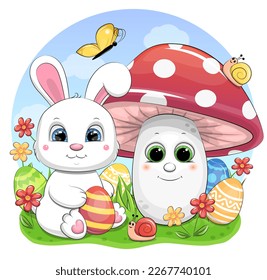 Easter Bunny with eggs and big mushroom. Holiday vector illustration of animals in nature.