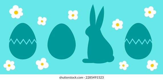 Easter bunny and eggs blue card background. Vector illustration