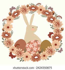 easter bunny and eggs in boho wild flowers wreath frame border hand drawn vector for invitation greeting birthday party celebration wedding card poster banner textiles wallpaper paper wrap background