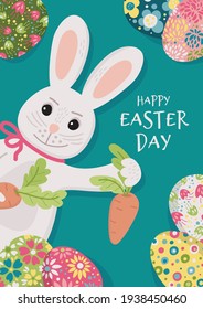 Easter Bunny, eggs and carrot in a hand draw style - card. Happy easter day.
Vector Template greeting card, frame, banner, poster, flyer with a bunny. 