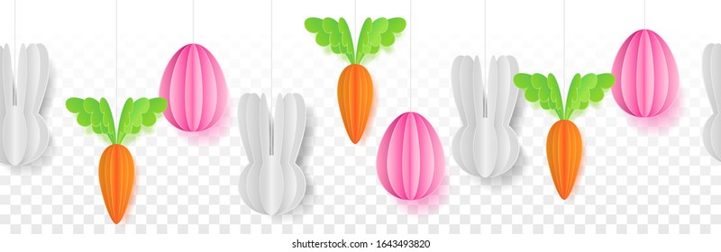 Easter bunny with easter eggs and carrots paper cut out seamless pattern banner